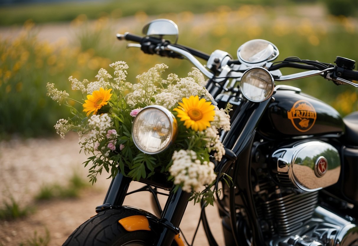 A lace and leather tea-length dress hangs on a vintage motorcycle, surrounded by wildflowers and biker accessories