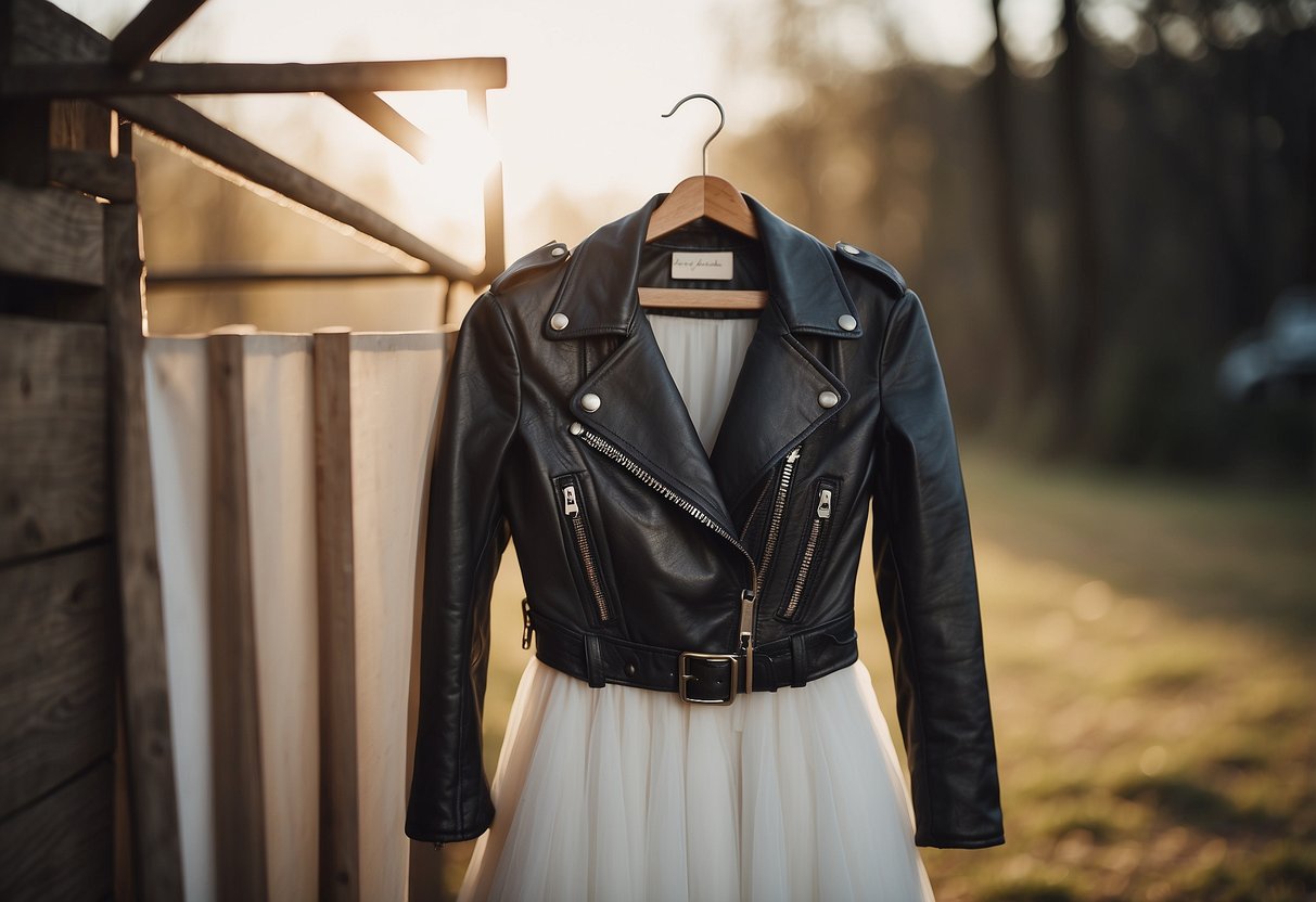 A vintage biker jacket draped over a flowing wedding dress, hanging on a rustic wooden coat rack