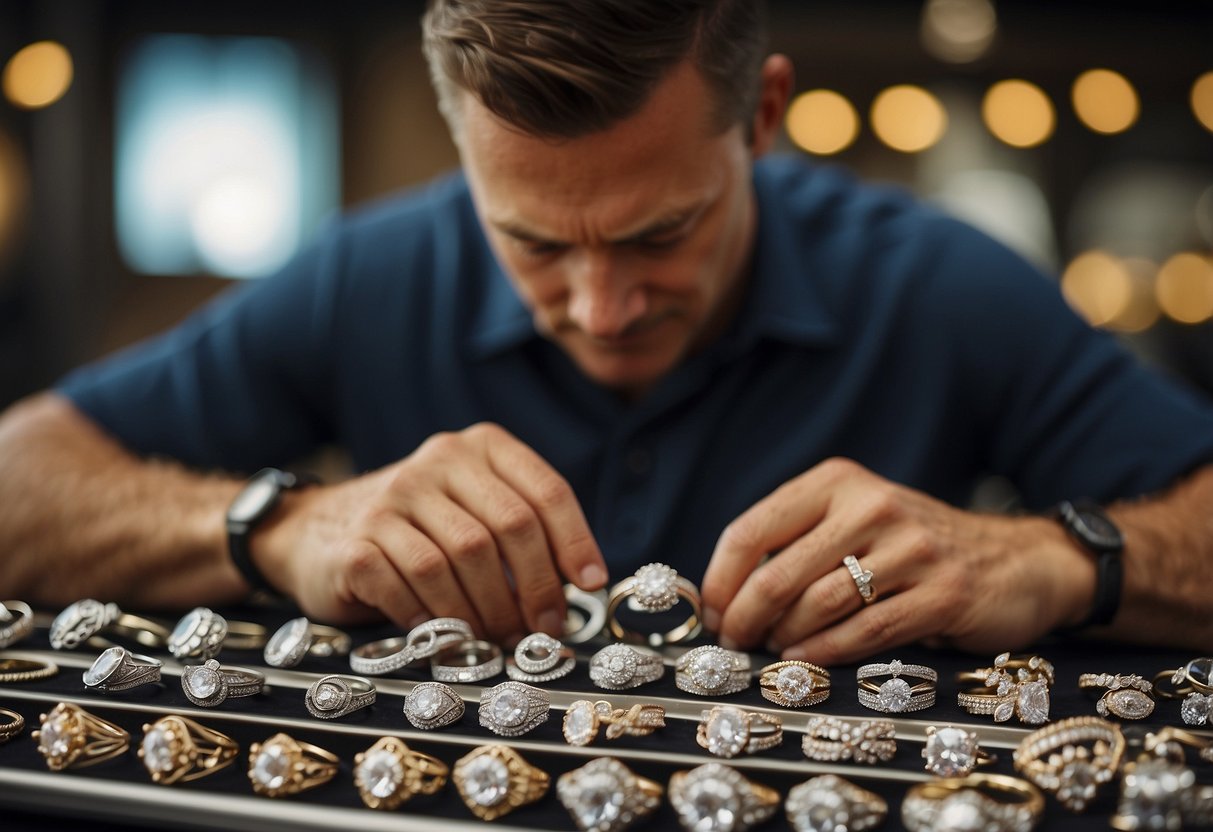 A man carefully examines a selection of engagement rings, comparing their quality and craftsmanship rather than their carat size. The focus is on the intricate details and design, rather than the size of the stones