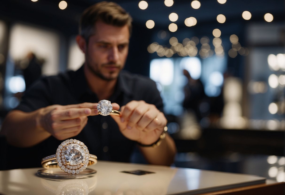 A man carefully inspects a sparkling engagement ring displayed on a velvet cushion in a jewelry store