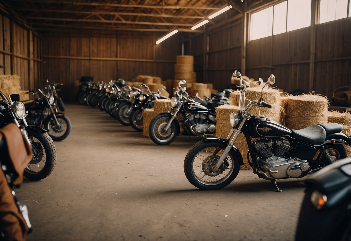 A rustic barn setting with bales of hay, vintage motorcycles, and racks of lace, leather, and denim fabrics for a biker wedding dress