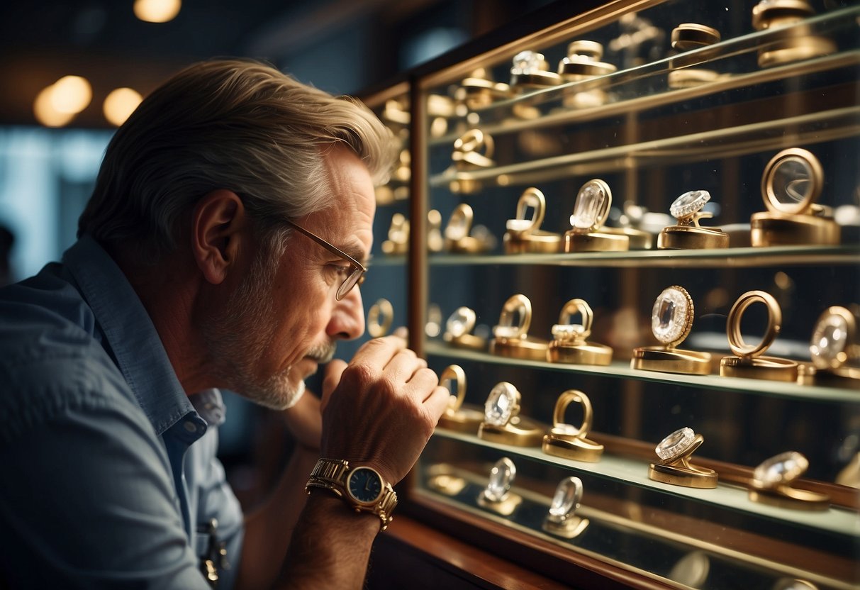 A man carefully examines a display of vintage engagement rings, pondering their worth and craftsmanship