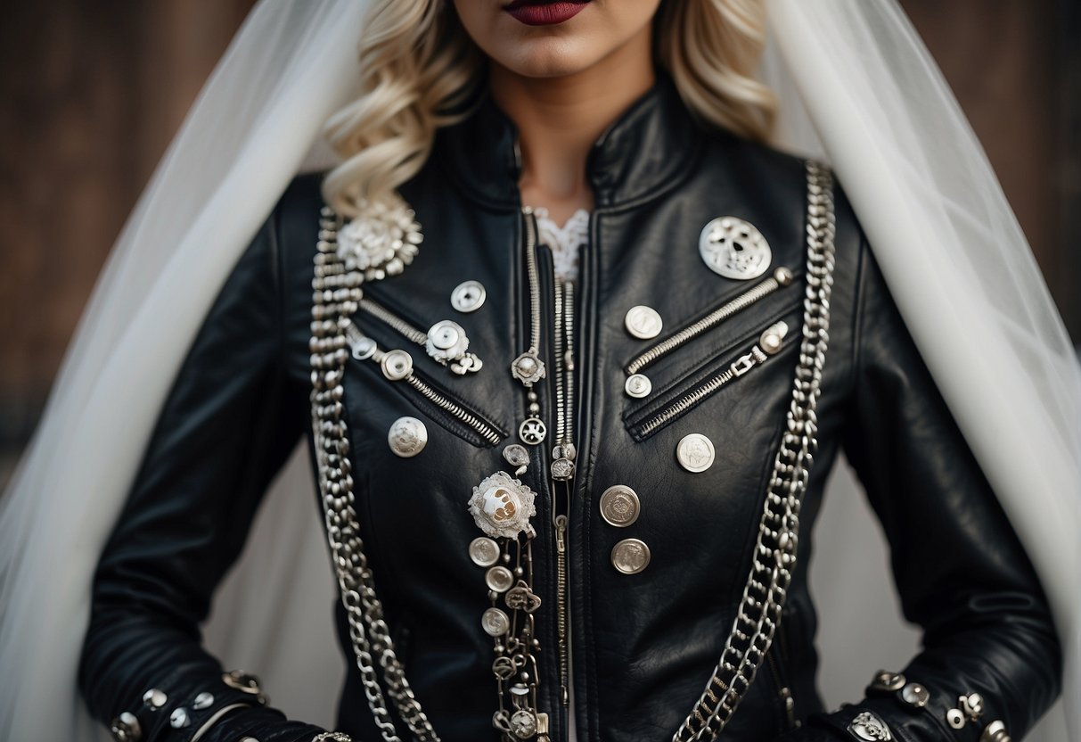 A leather jacket draped over a white wedding dress, adorned with motorcycle-themed accessories like chains, studs, and patches. A bouquet of black roses and a skull-shaped hairpiece complete the edgy bridal look