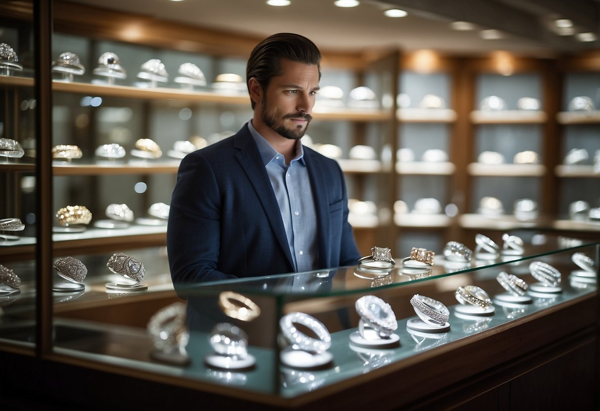 A man stands in front of a display case filled with sparkling engagement rings at a reputable jeweler's shop, pondering the price and quality of the rings available