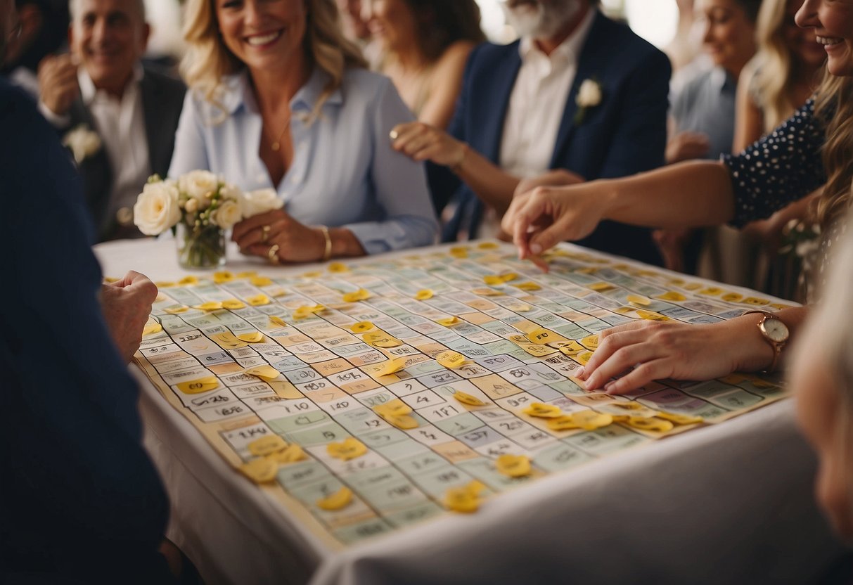 Guests filling out bingo cards at a wedding reception. Tables adorned with floral centerpieces, as laughter and chatter fill the air