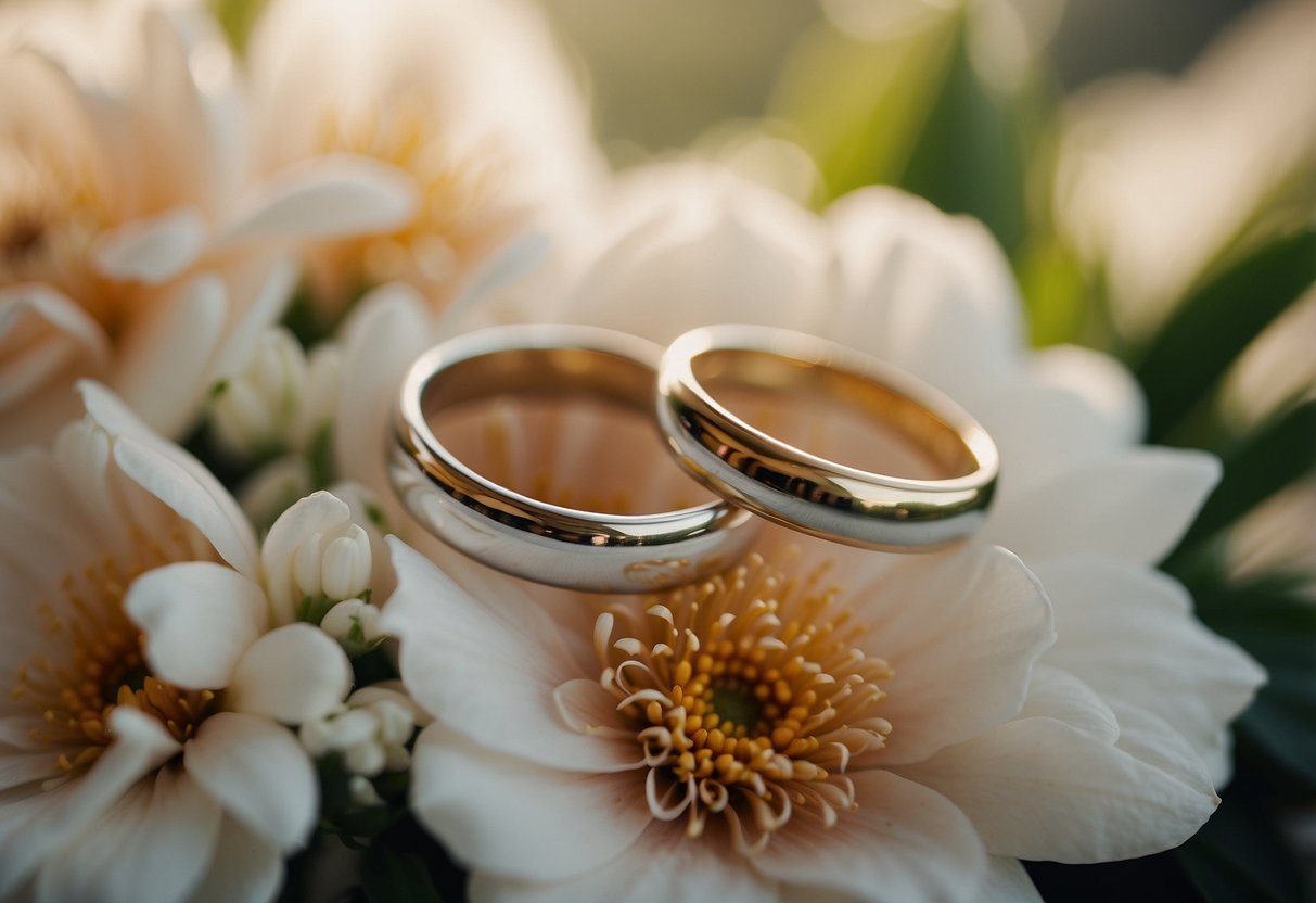 A close-up of two wedding rings on a bed of fresh flowers, with soft natural light illuminating the scene