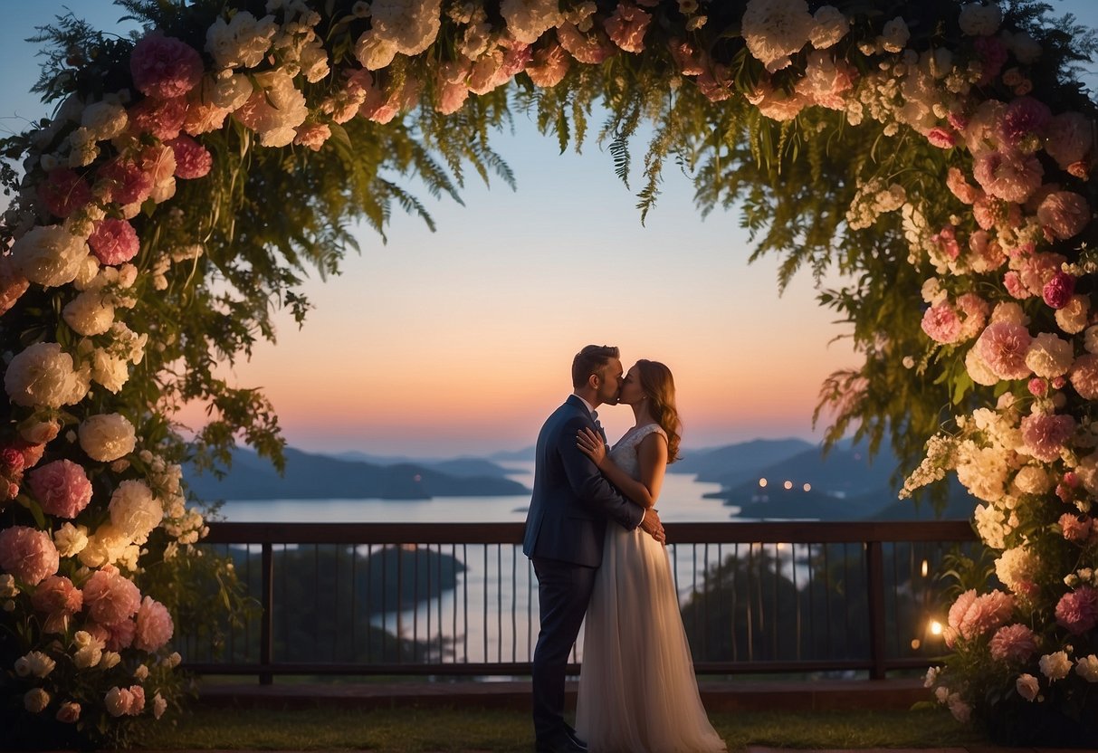 A couple stands under a floral arch, gazing into each other's eyes as they share a tender kiss. The setting is romantic and filled with joy