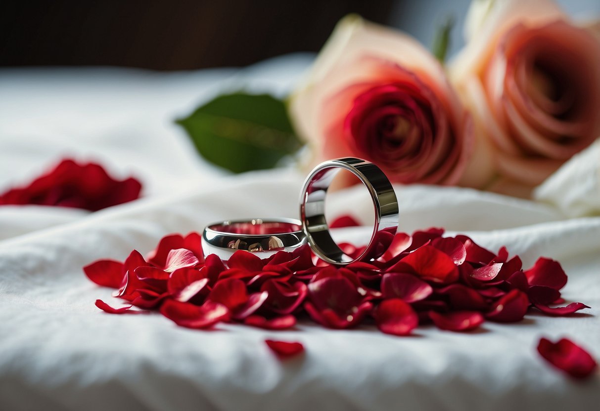 A bed of red rose petals with two wedding rings placed in the center, surrounded by a scattering of petals