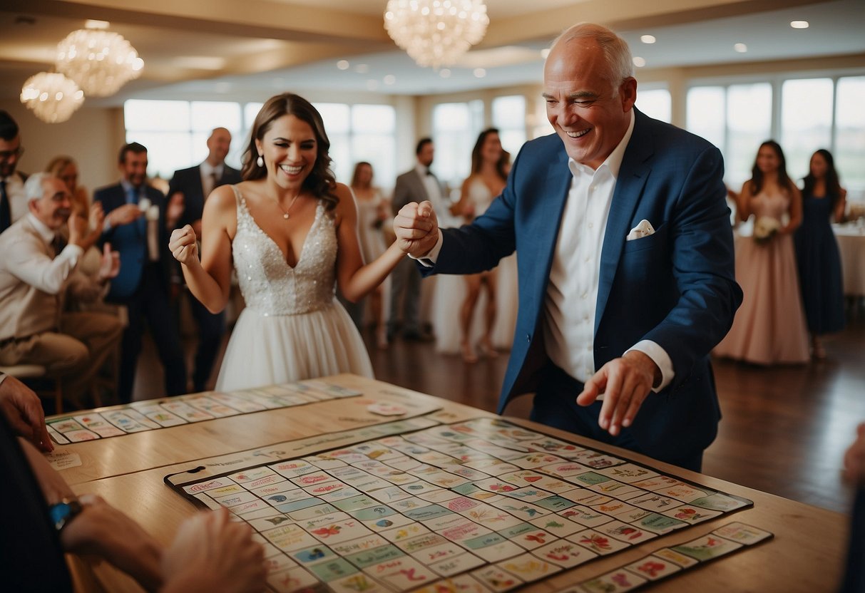 A father and daughter dancing at a wedding, surrounded by cheerful guests playing bingo with wedding-themed cards