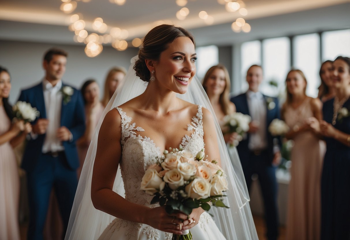 A bride tosses a bouquet towards a group of excited wedding guests