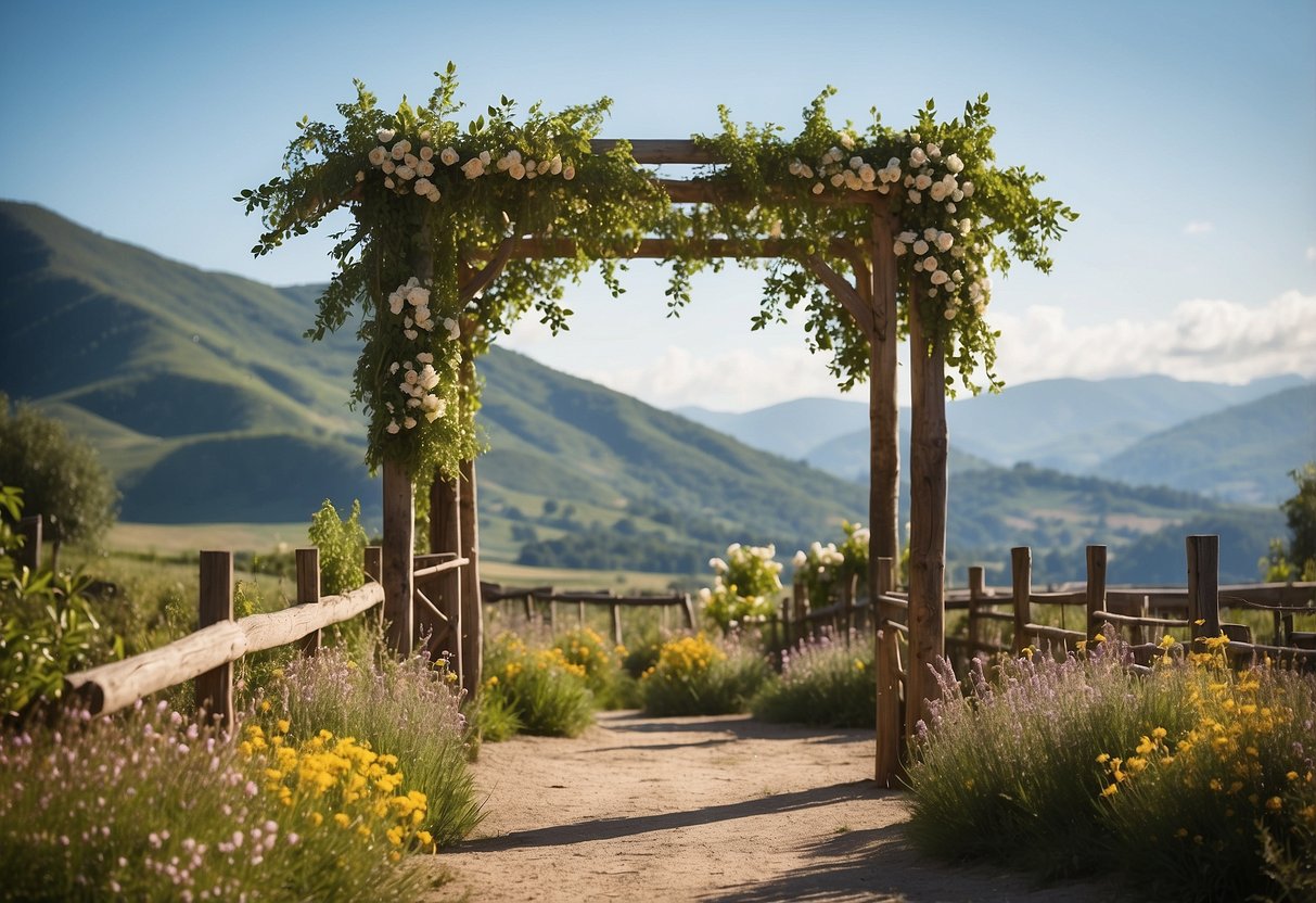 A rustic wooden arbor adorned with fresh flowers and greenery, set against a backdrop of rolling hills and a clear blue sky