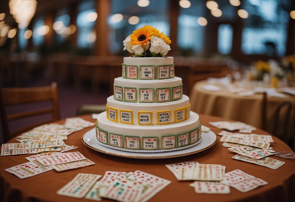 A tiered wedding cake with a single slice removed, surrounded by bingo cards and markers on a decorated table