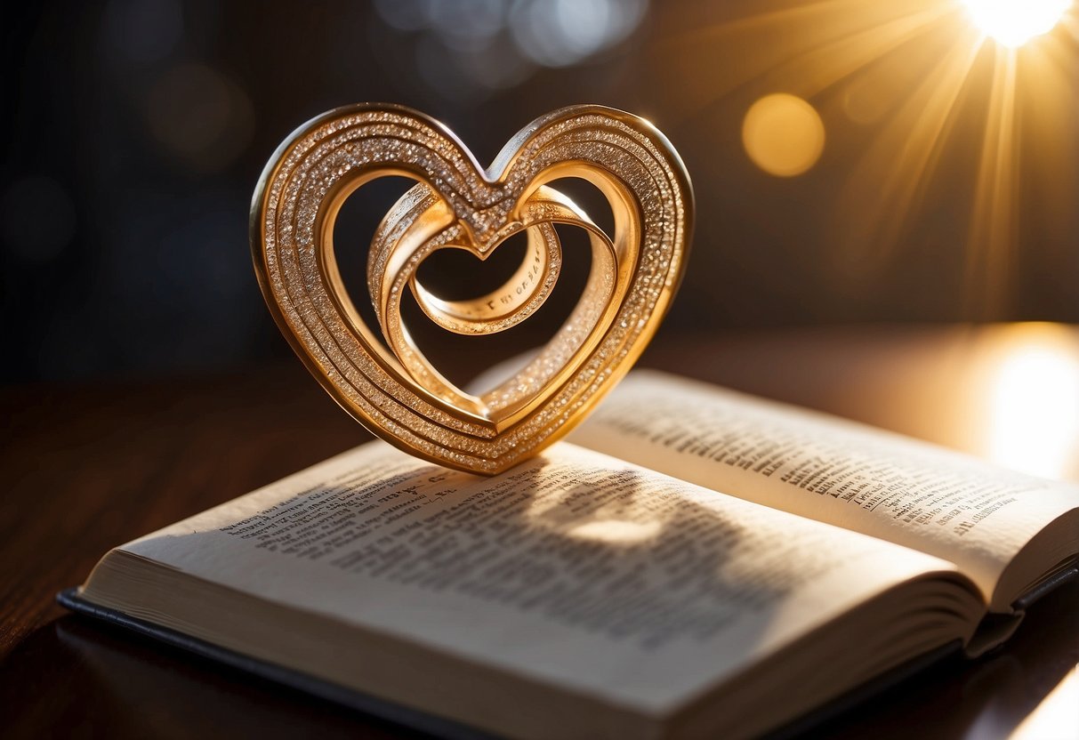 A book lies open, heart-shaped pages forming a ring holder. Sunshine streams in, casting a warm glow on the rings