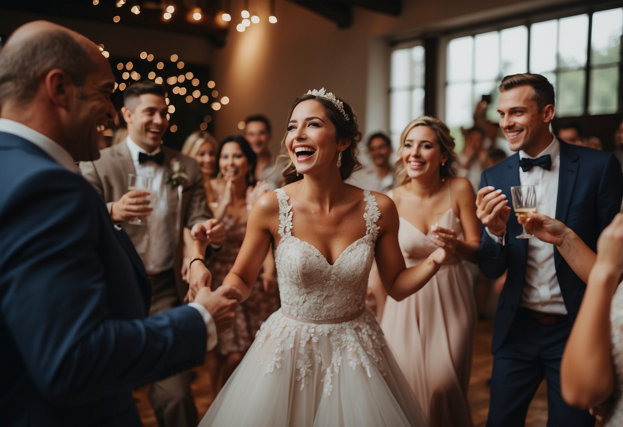 A bride joyfully dances with wedding guests, surrounded by laughter and celebration