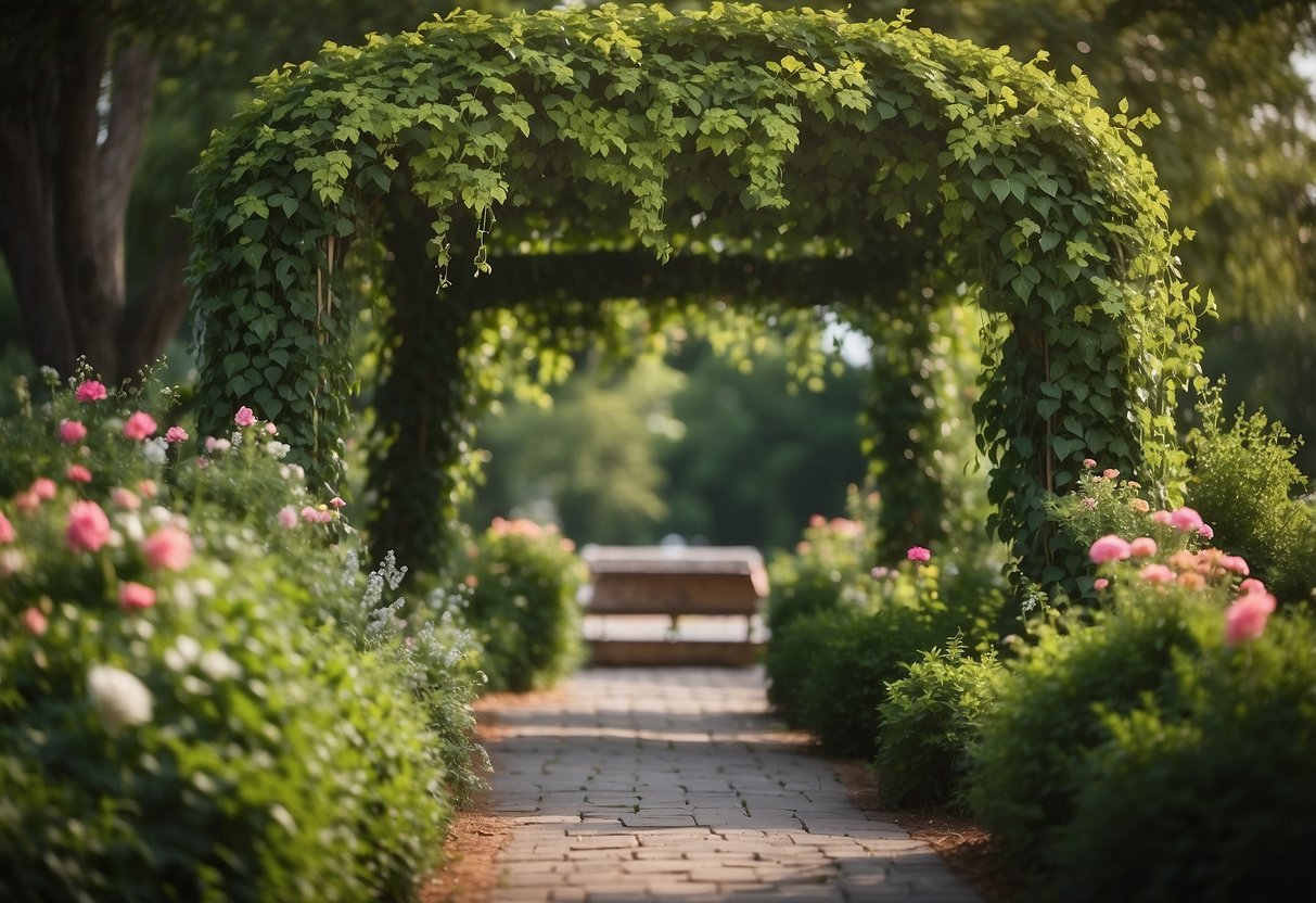 A lush green arbor adorned with cascading ivy and vibrant flowers, creating a natural and romantic backdrop for a wedding ceremony