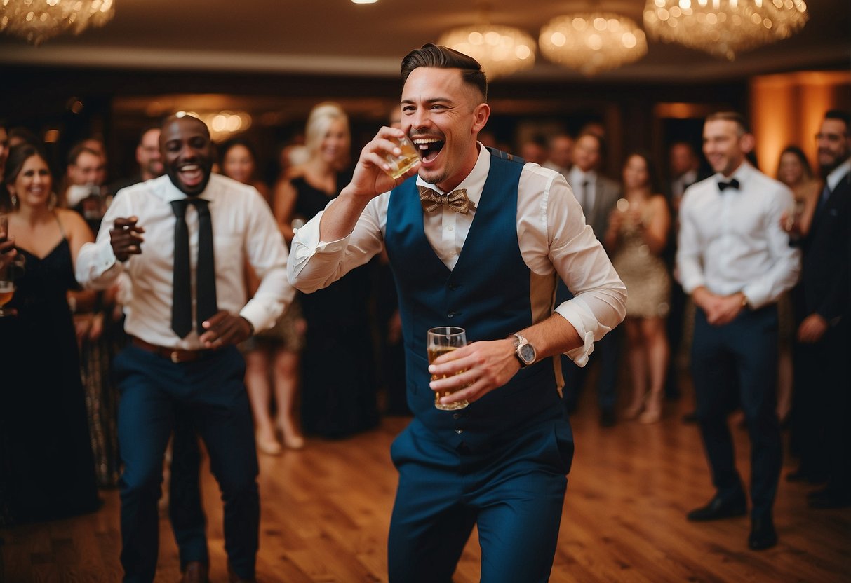 The groom awkwardly dances, spilling his drink, as guests watch in amusement