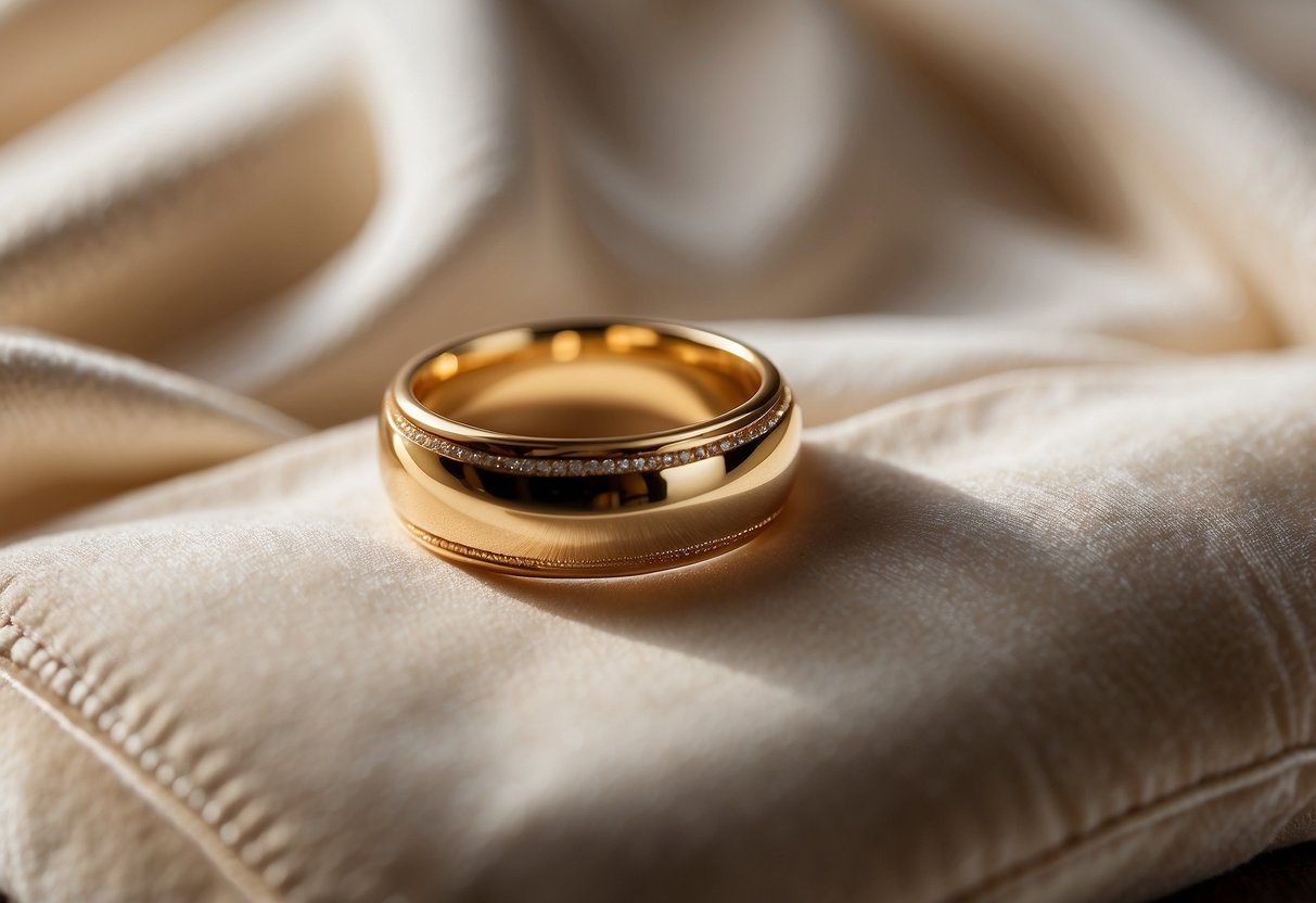 A single gold wedding ring rests on a plush velvet cushion, illuminated by soft light