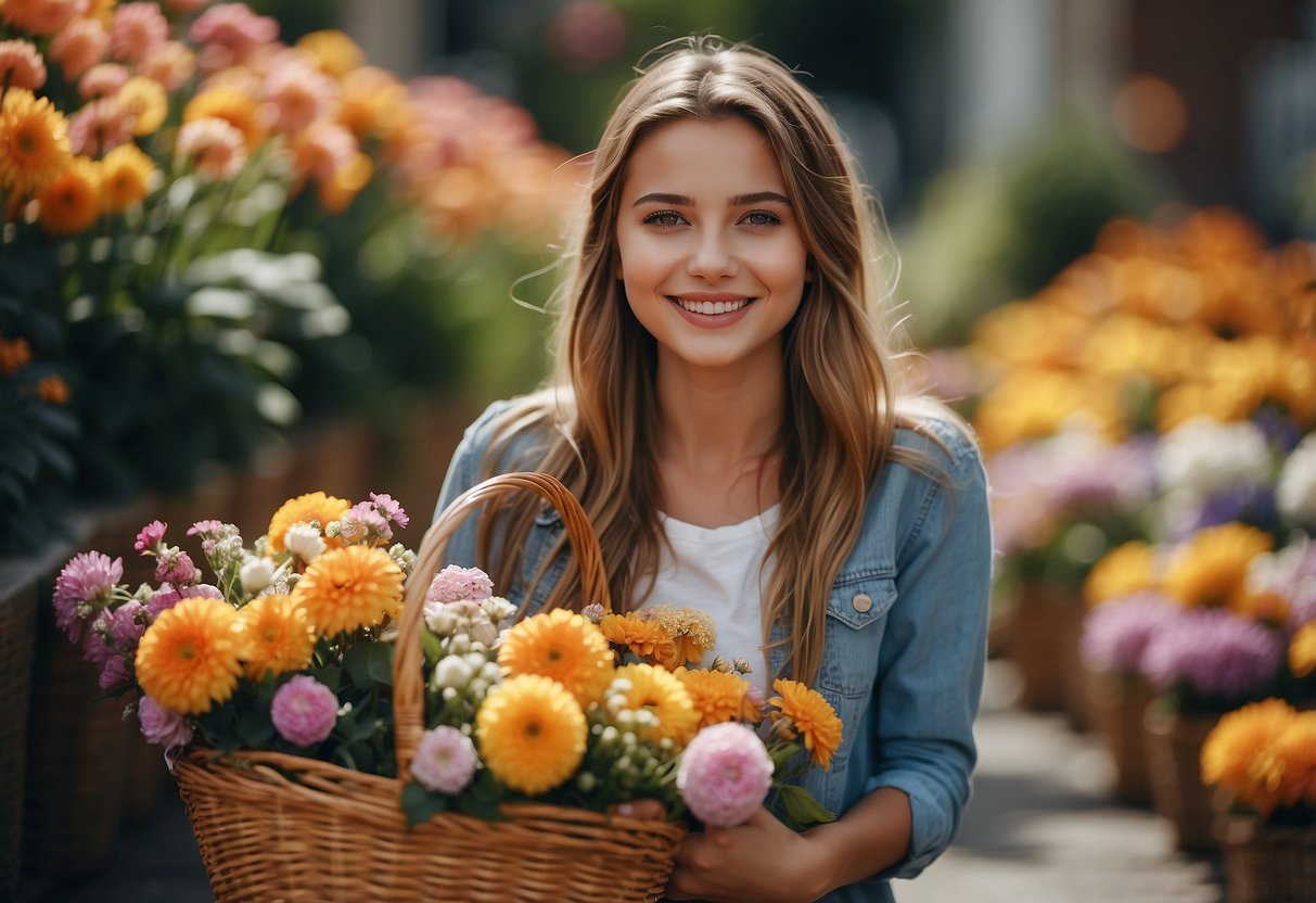 A young girl surrounded by colorful flowers, holding a basket and smiling