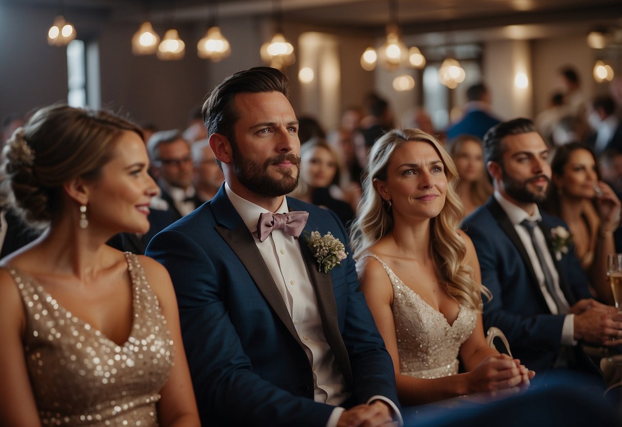 A group of wedding guests eagerly listening to the best man's speech, with bingo cards in hand, marking off squares as he mentions classic wedding speech tropes