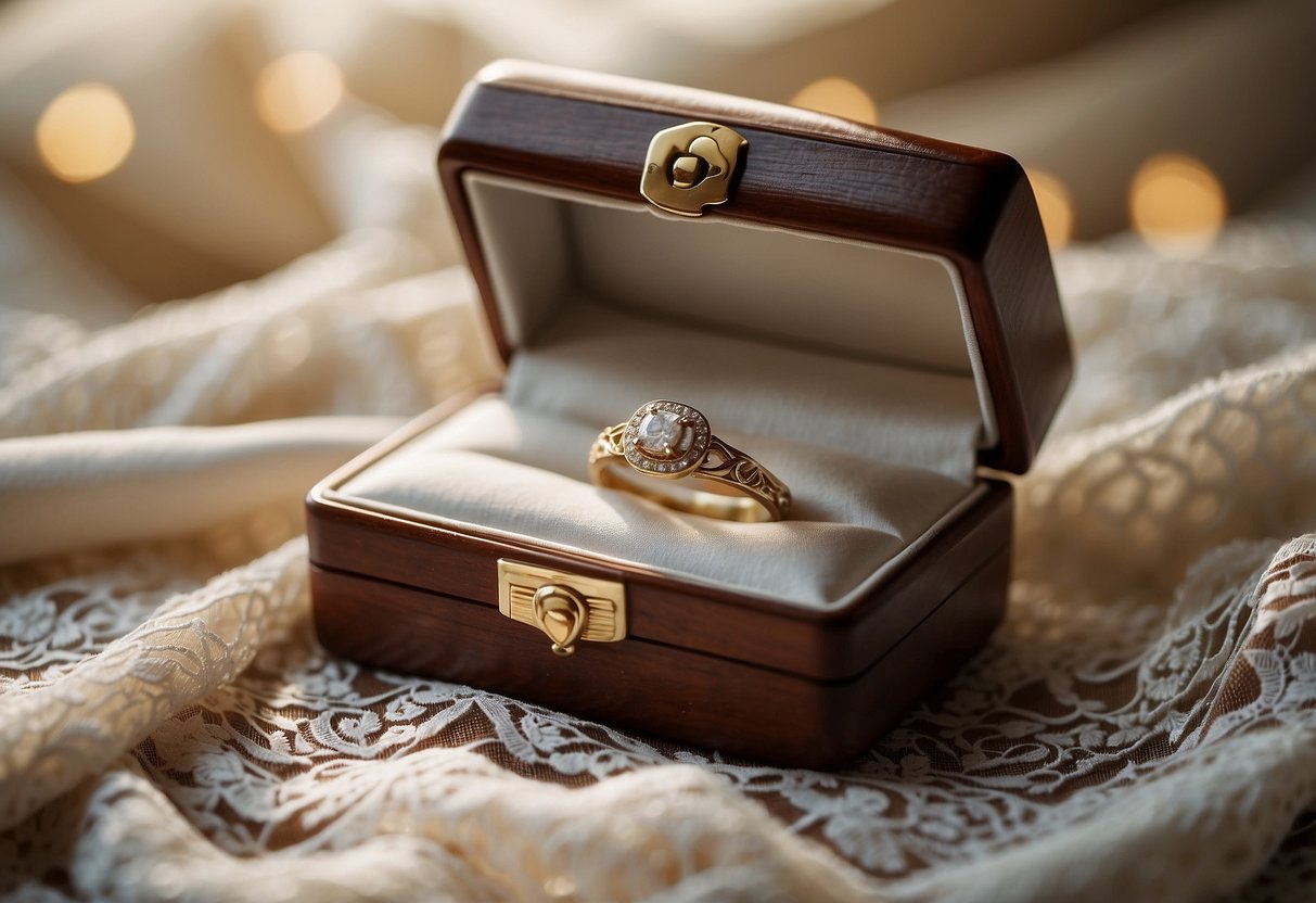 A vintage jewelry box sits open on a lace tablecloth, with a sparkling wedding ring nestled inside. Soft natural light gently illuminates the delicate details of the box and ring