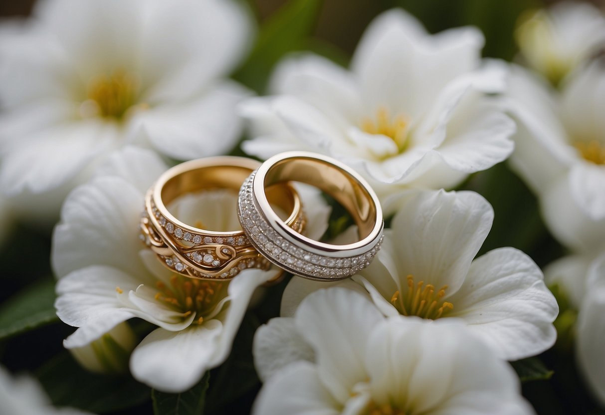 Two intertwined wedding rings resting on a bed of delicate white flowers