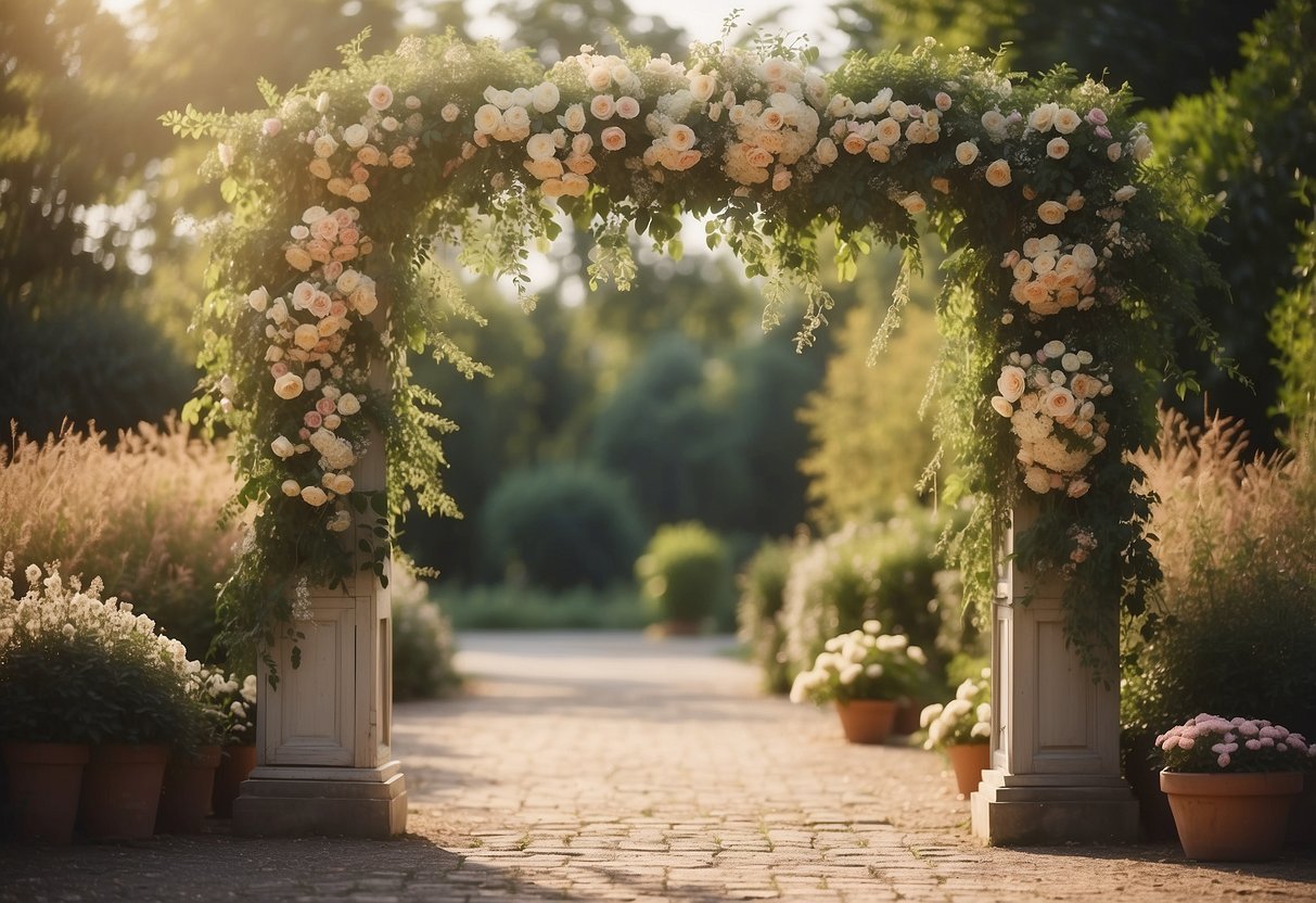 A vintage door frame arbor stands adorned with flowers, creating a romantic wedding backdrop