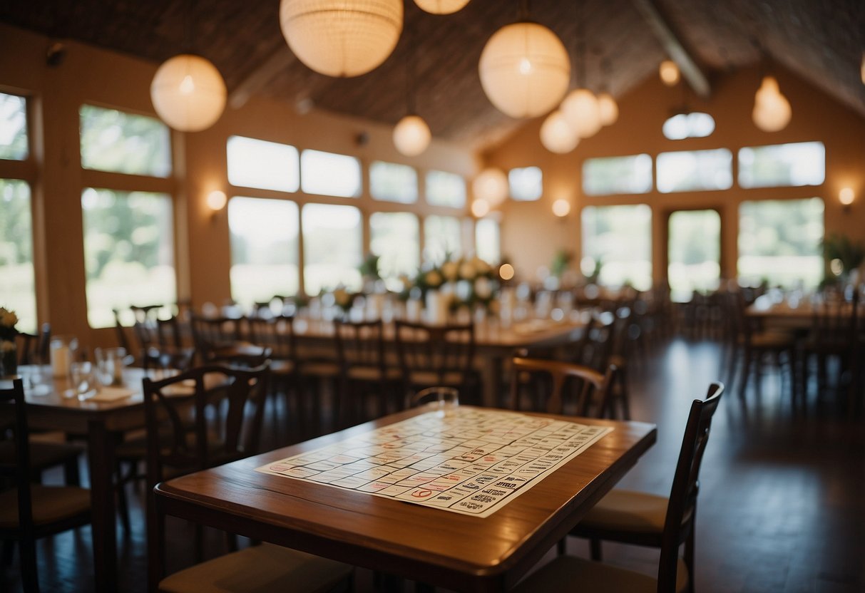 A table with bingo cards, markers, and a decorative sign for "Wedding Bingo" surrounded by guests chatting and enjoying the reception