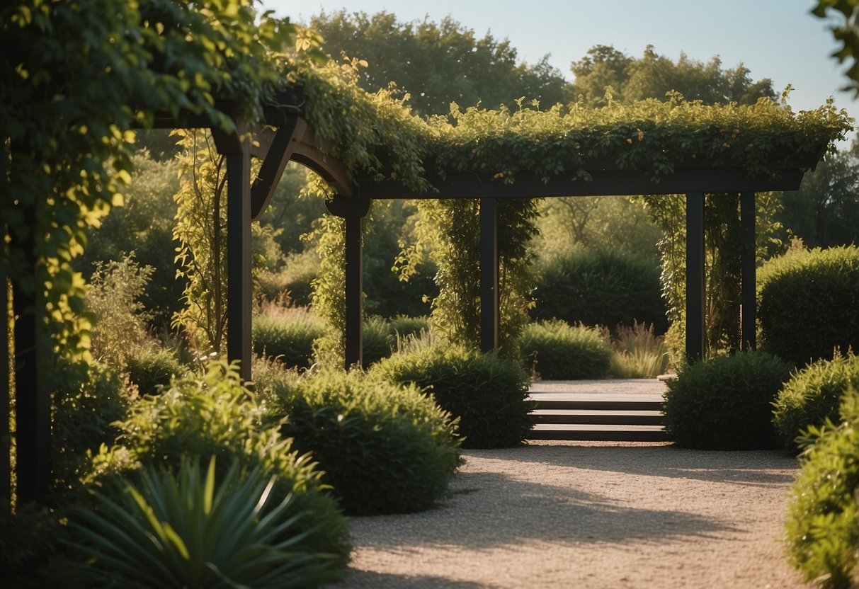 A simple arbor with clean lines and geometric shapes, surrounded by greenery and soft lighting