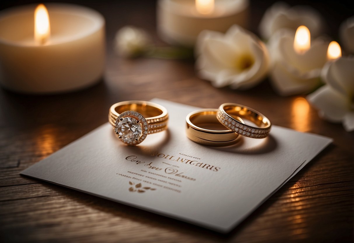 A wedding invitation lies on a table next to a pair of intertwined wedding rings, with soft lighting casting a warm glow over the scene