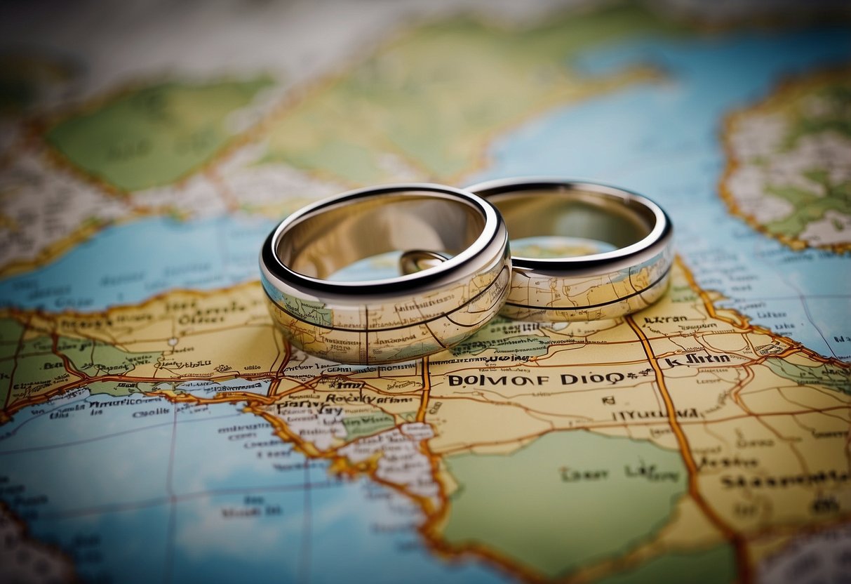 A map with two intersecting rings placed on a specific destination, symbolizing a destination wedding