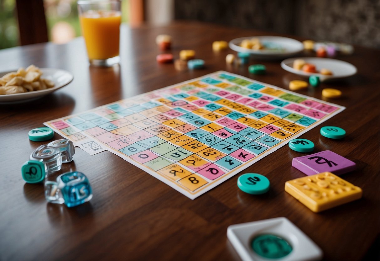 A table with colorful bingo cards, wedding-themed images, and markers