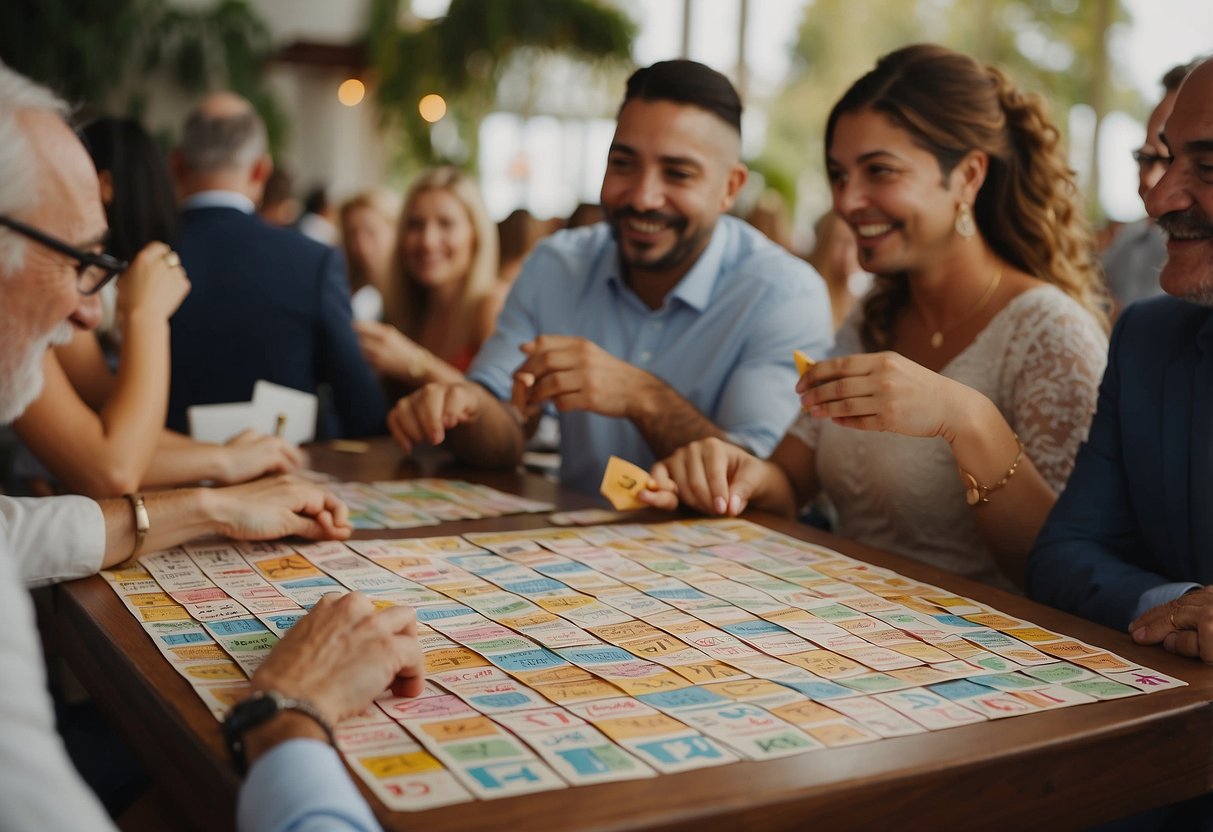 Guests filling out bingo cards at a wedding reception, with game-themed decorations and prizes displayed on a table. Excited chatter and laughter as people mark off squares