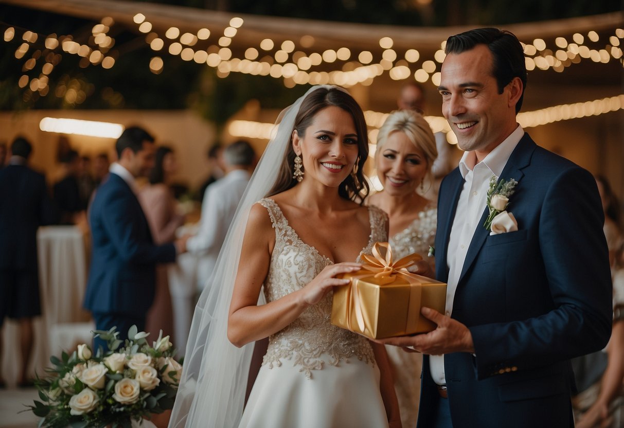 The groom's parents present a gift to the couple at the wedding