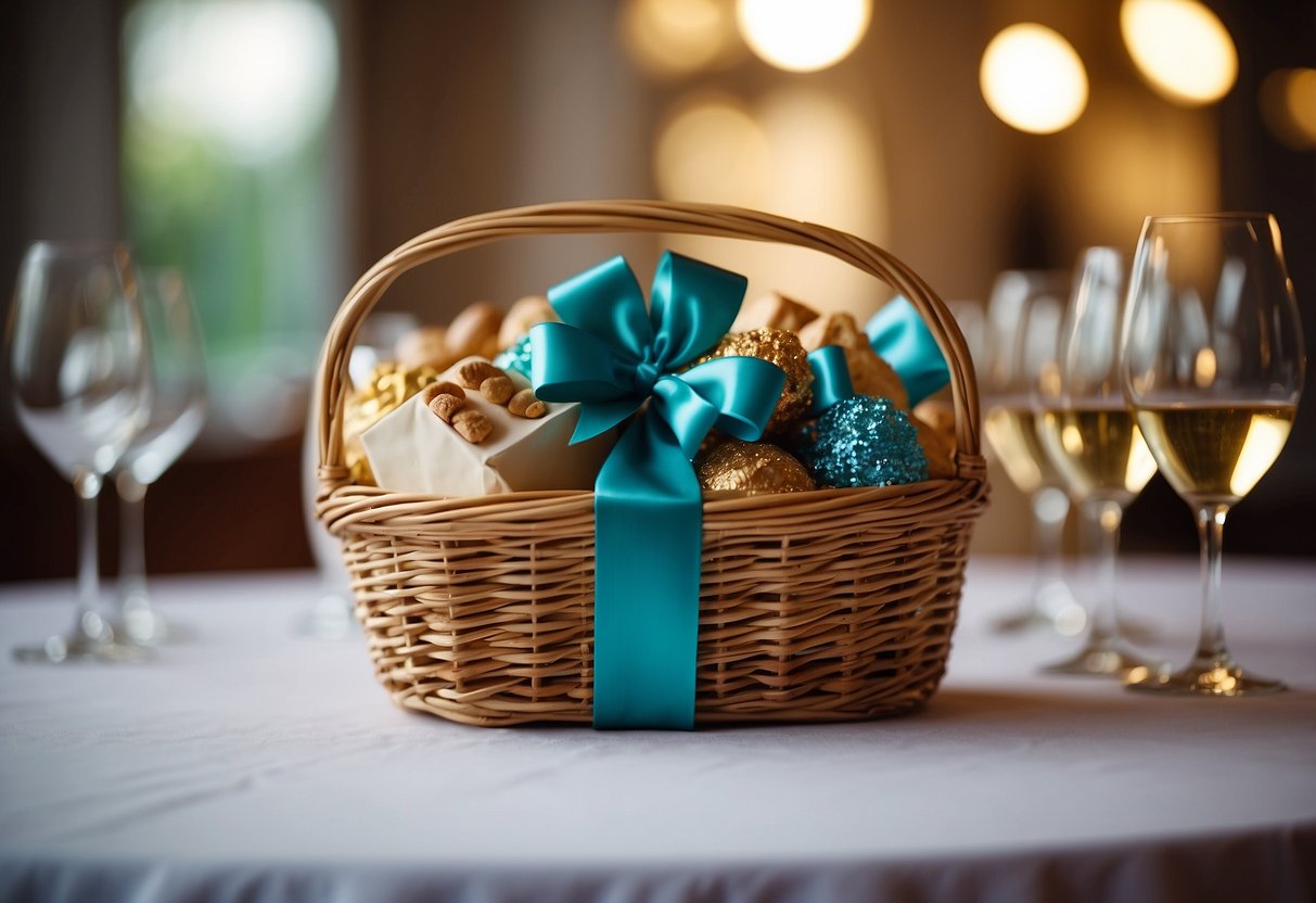 A beautifully wrapped gourmet gift basket sits on a table, ready to be given as a wedding gift from the groom's parents