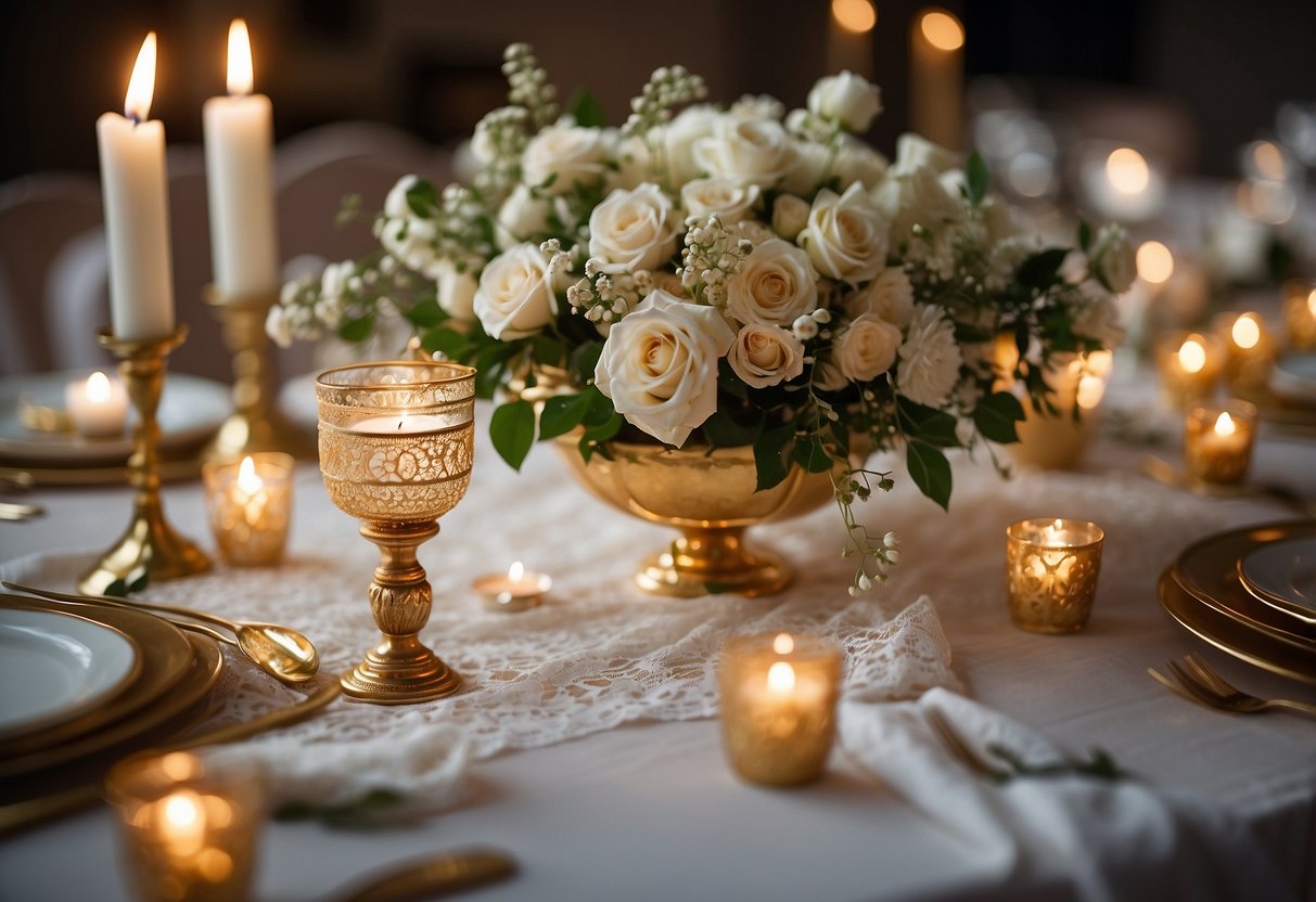 A white tablecloth adorned with delicate lace and fresh flower arrangements. Subtle gold accents and candlelight create a romantic ambiance