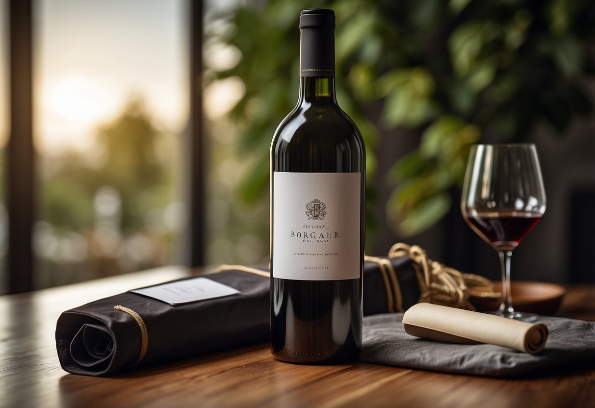 A wine bottle with a customized label sits on a table, surrounded by elegant packaging and a handwritten note