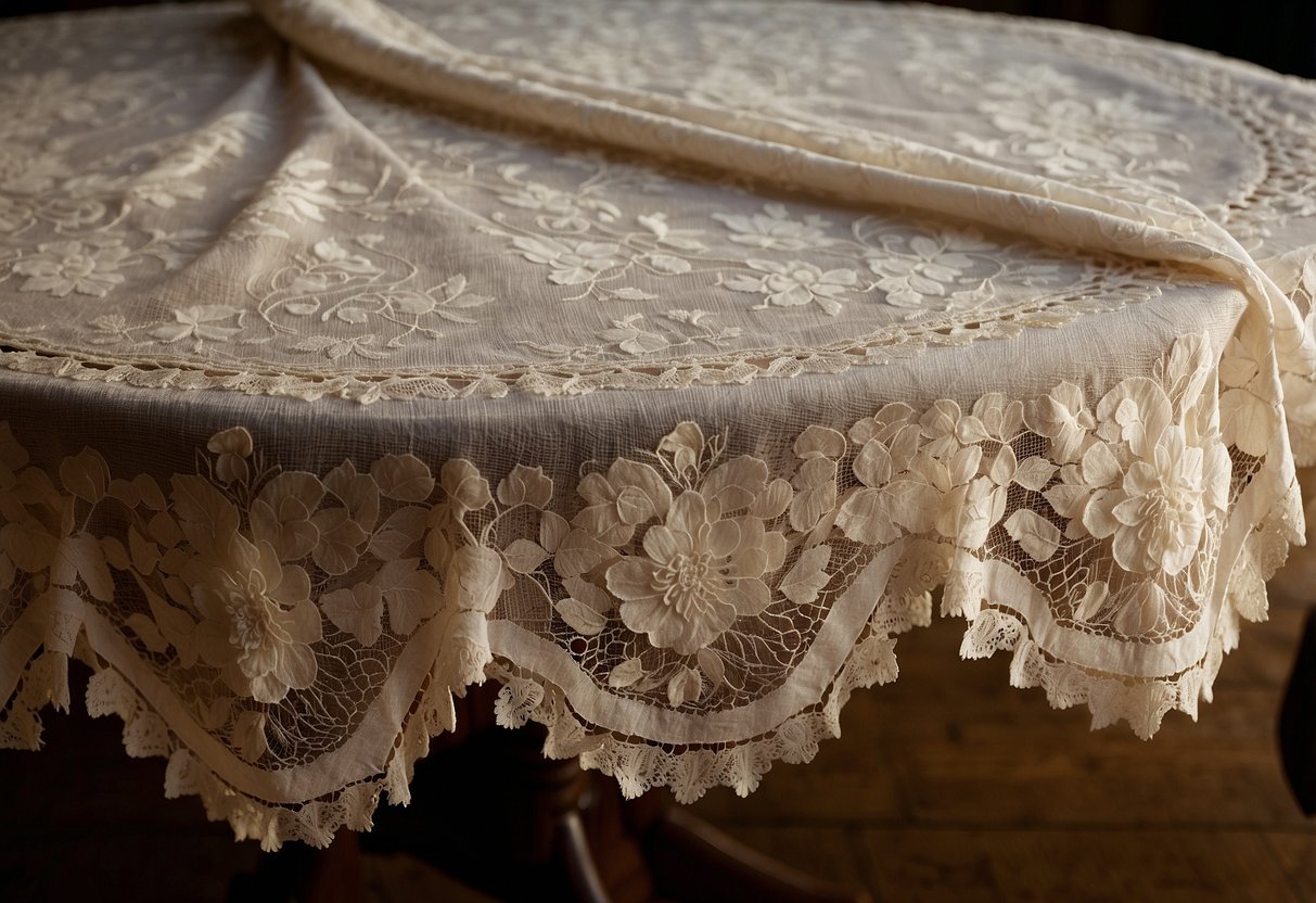 A vintage lace tablecloth drapes elegantly over a wooden table, with delicate floral patterns and scalloped edges. Soft candlelight illuminates the intricate design, creating a romantic ambiance