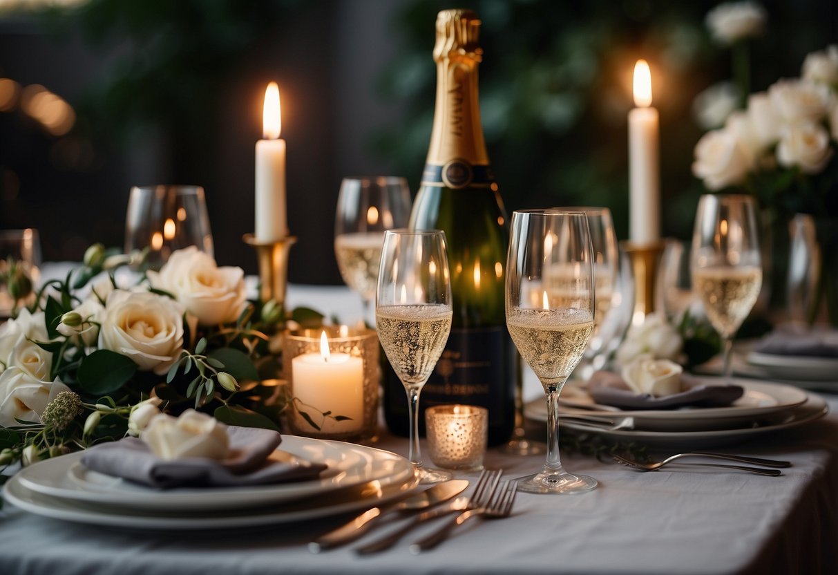 A romantic dinner setting with candles, flowers, and a bottle of champagne on a beautifully set table