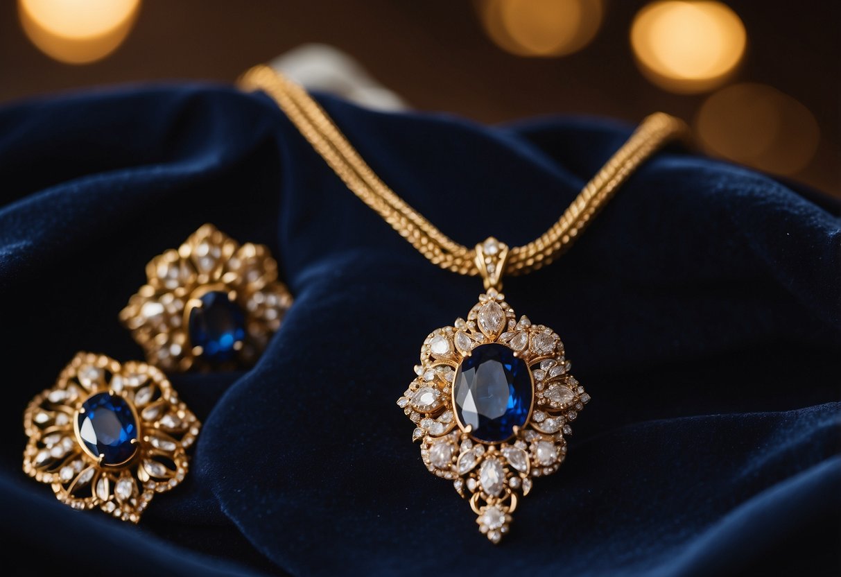 A bejeweled antique necklace and matching earrings, displayed on a velvet cushion, with a note indicating it as a gift from the groom's parents