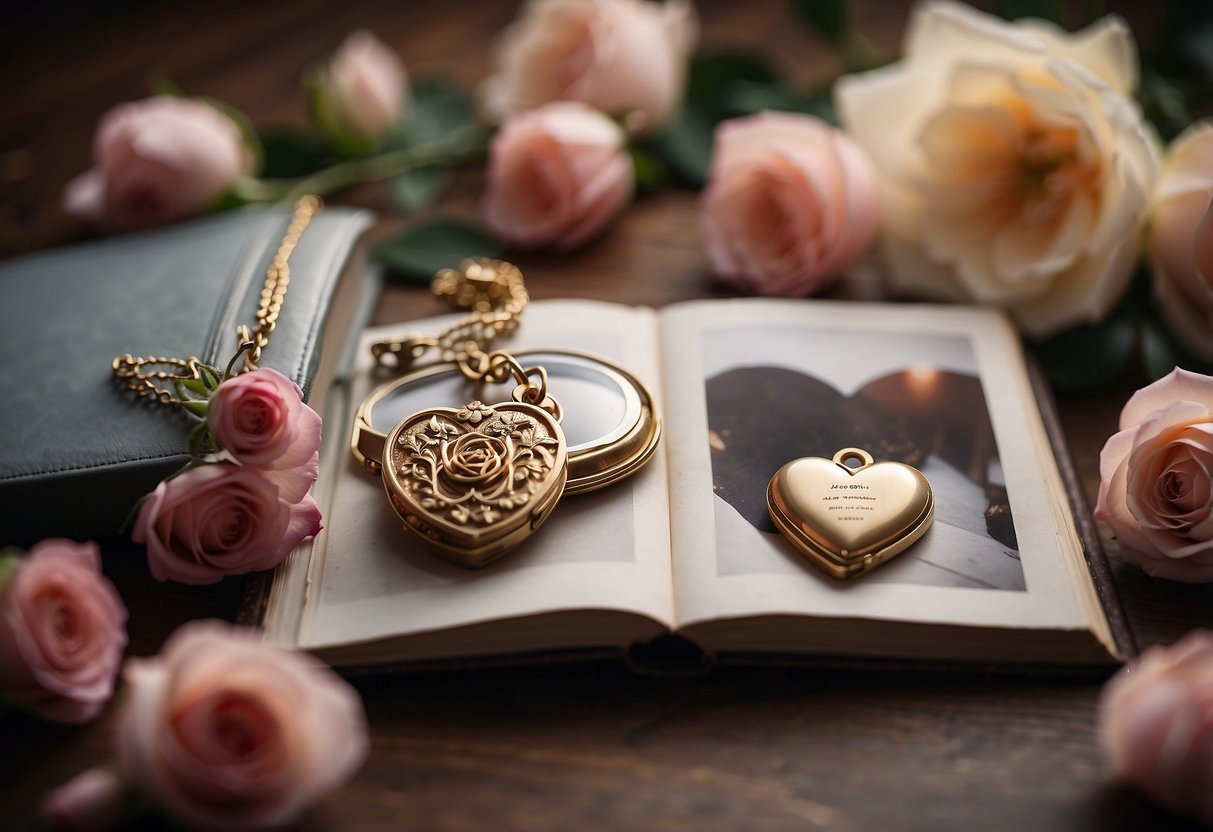 A photo album sits open on a table, filled with images from 14 years of marriage. A heart-shaped locket rests on top, surrounded by rose petals