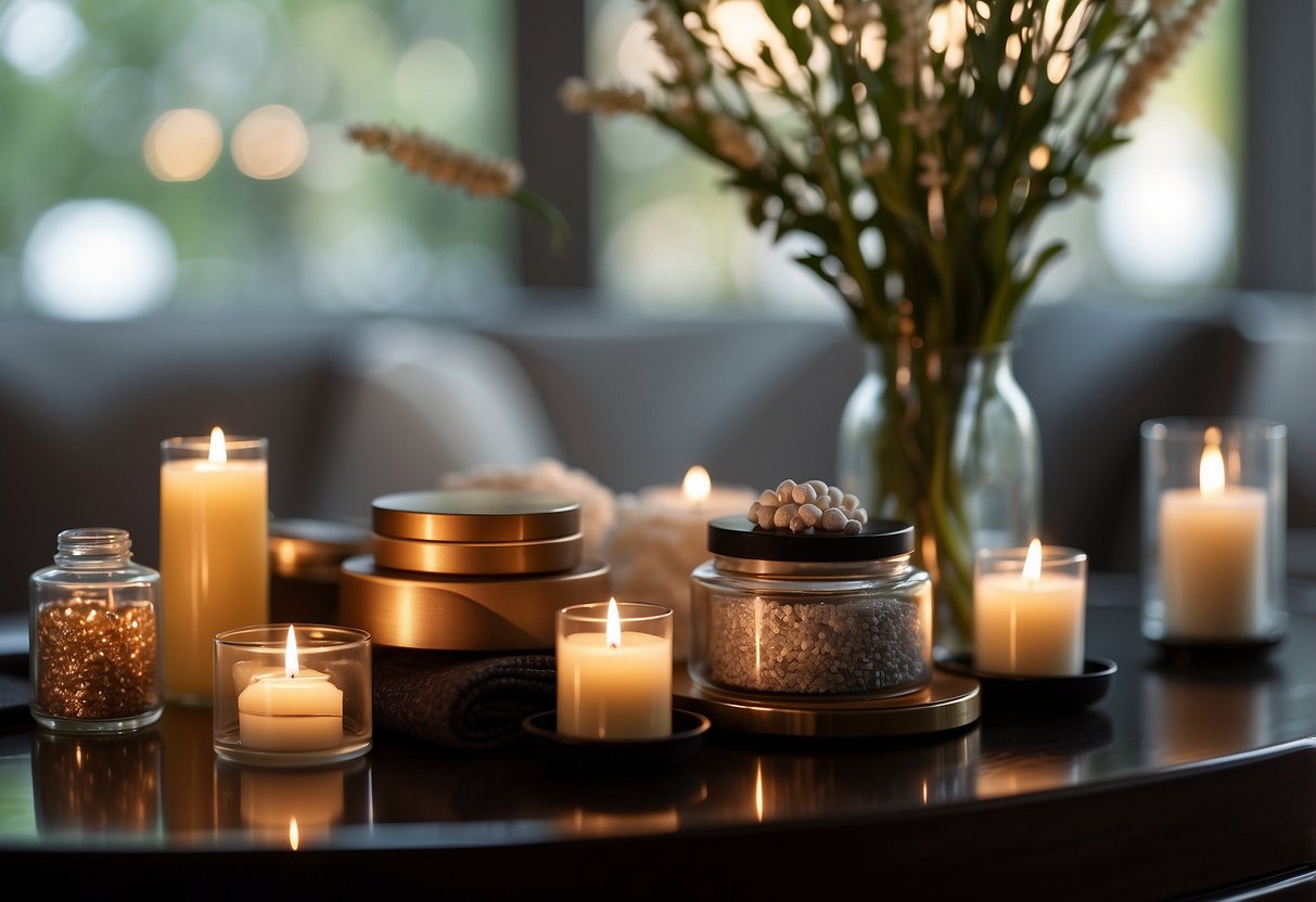 A luxurious spa set sits on a decorative table, ready to be given as a gift by the groom's parents