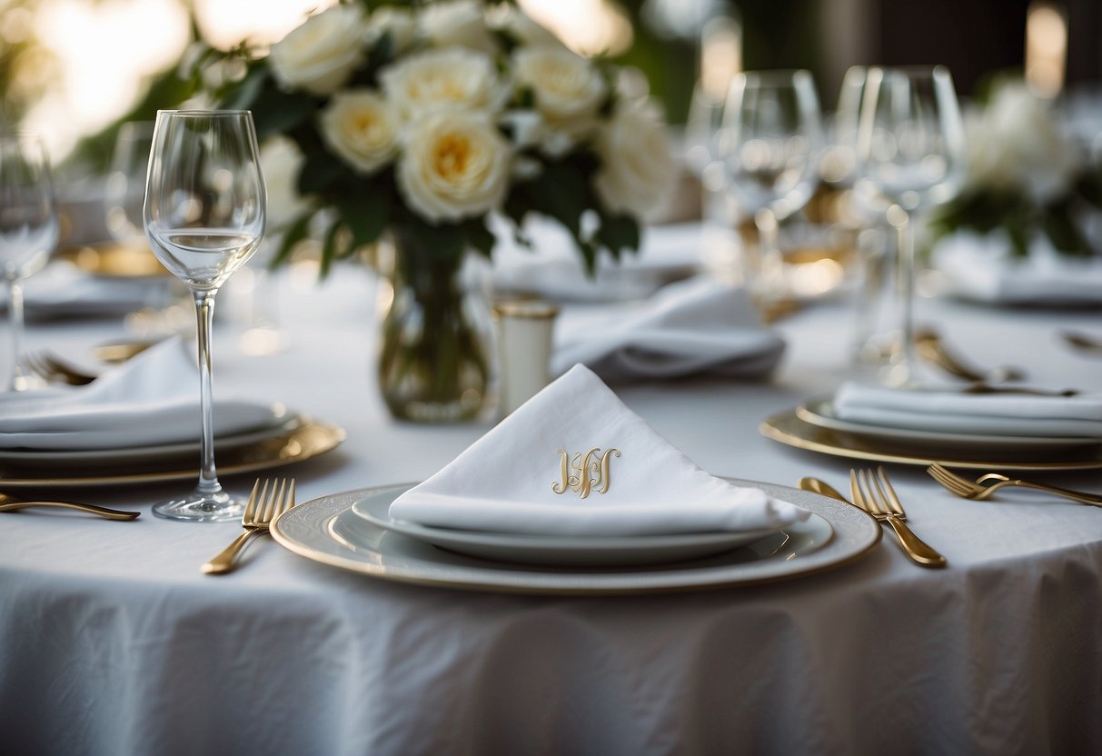 Elegant monogrammed linen napkins arranged on a wedding table cloth