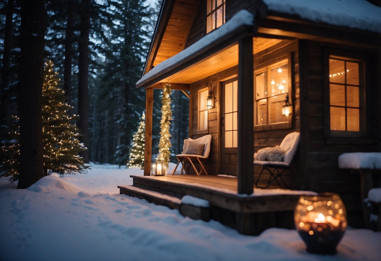 A cozy cabin nestled in the woods, with a warm fire crackling in the fireplace. A couple's initials carved into a tree outside, surrounded by twinkling fairy lights