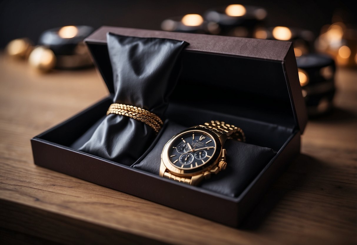 A beautifully wrapped gift box with a designer watch inside, resting on a decorative table