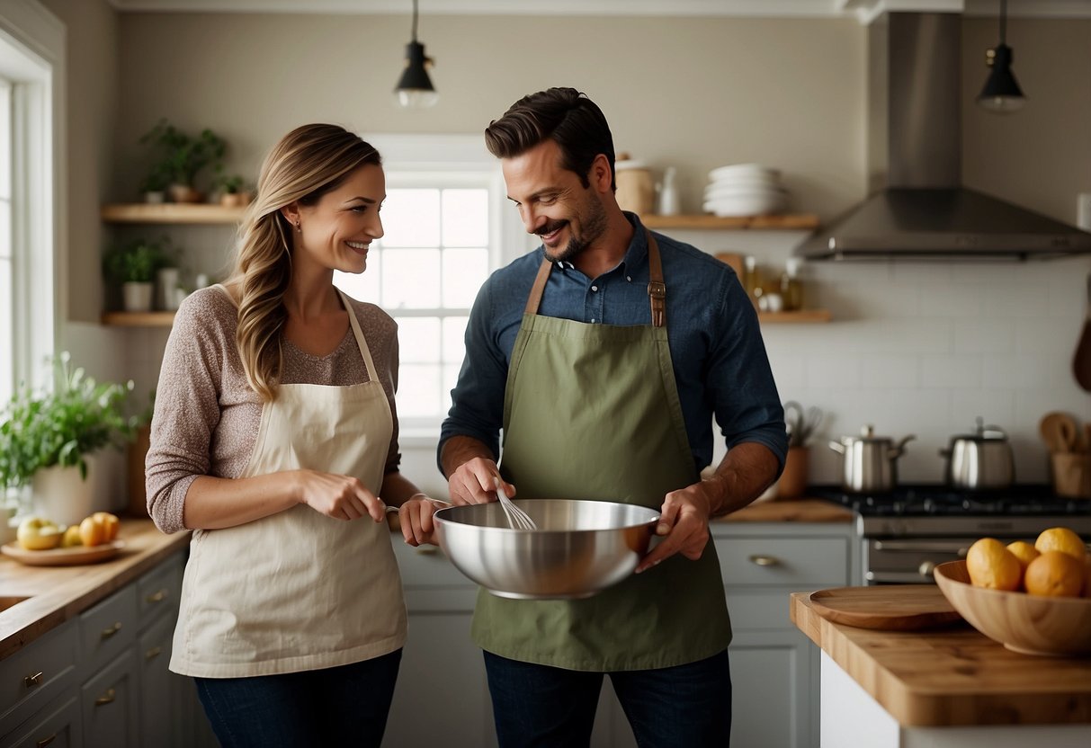 A couple stands side by side at a kitchen counter, each holding a mixing bowl and whisk. Ingredients and utensils are scattered around as they work together to create a delicious meal