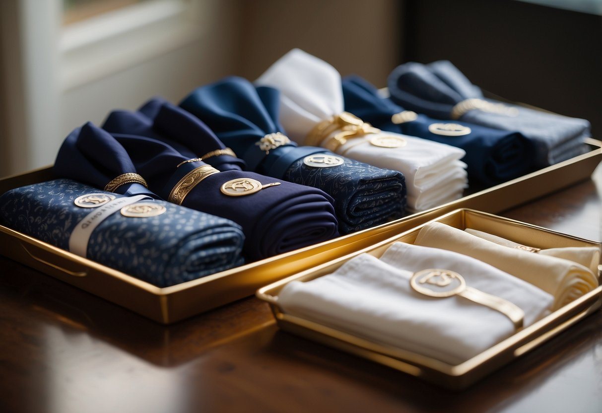 A set of monogrammed handkerchiefs is displayed on a decorative tray, ready to be presented as a gift from the groom's parents