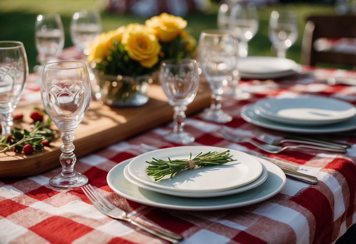 A plaid picnic tablecloth covers a wedding reception table, adding a charming touch to the outdoor setting