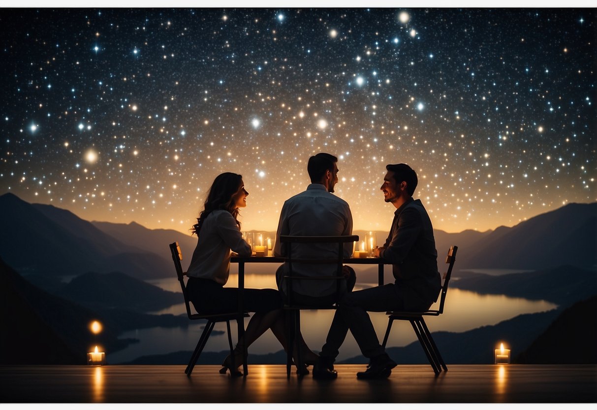 A couple sits at a candlelit table, gazing at a custom star map of their first date. The night sky is filled with twinkling stars, capturing the magic of their special anniversary