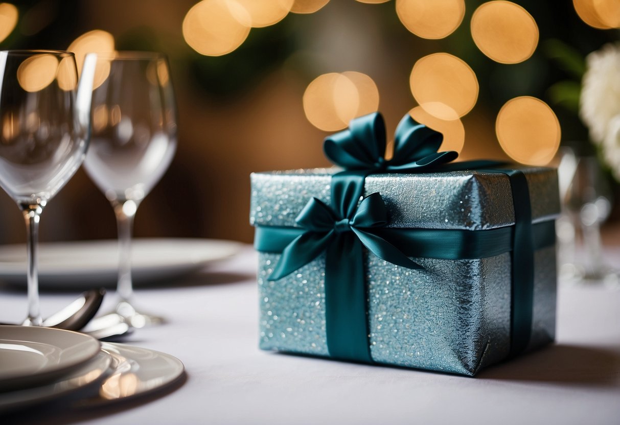 A wrapped gift box on a decorated table at a wedding reception