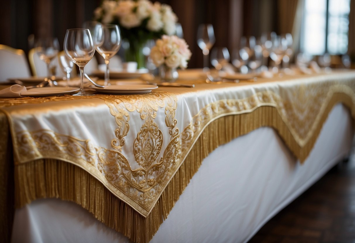 A long, elegant silk damask runner drapes across a wedding table, adorned with intricate patterns and delicate fringes